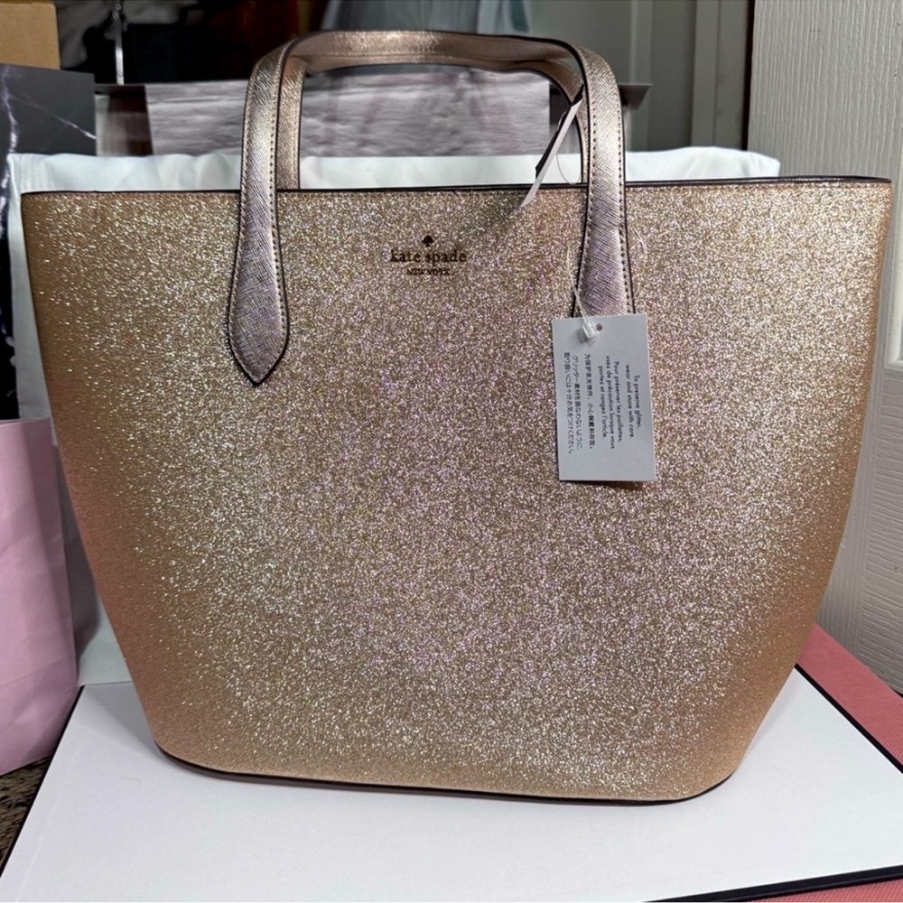 NWT Kate Spade Glimmer Large Top Zip Tote Shoulder Bag Gold Glitter NEW W/ Tags - Picture 6 of 9